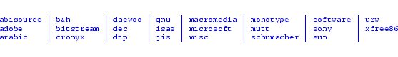 {\scriptsize\texttt{\protect\leavevmode{\color{blue}{
\begin{longtable}{l \vert ...
...arabic & cronyx & dtp & jis & misc & schumacher & sun & \\
\end{longtable}}}}}